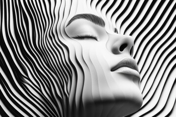 A close-up photo of a woman's face in black and white, with a neutral expression