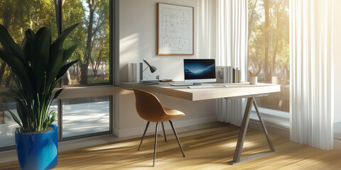 A modern, minimalist home office setup with ergonomic furniture and digital tools. Large windows fill the space with natural light, offering a serene view of a lush garden outside.