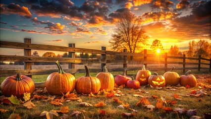 Golden Hour Glow Illuminates Rustic Pumpkin Display, Autumnal Foliage,  A Rustic Fence, and the Warm Hues of a Setting Sun
