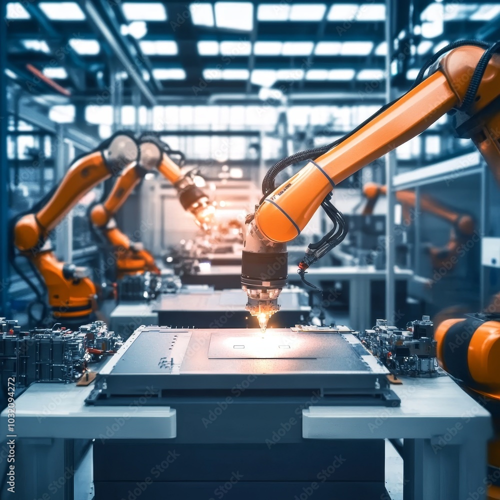 Poster robotic arms working on assembly line in factory. industrial and technological automation concept.