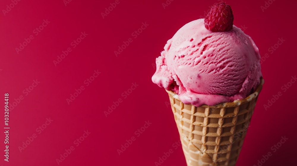 Poster a waffle cone with two scoops of pink ice cream and a raspberry on top.