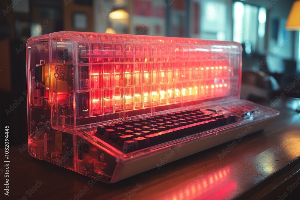 Poster a vintage, translucent computer with a glowing red display and a black keyboard sits on a wooden tab