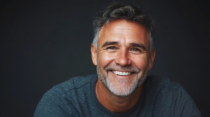 Obraz premium A man with graying hair and a beard smiles broadly at the camera.