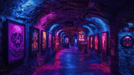 Fototapeta premium Neon-lit underground art tunnel with vibrant gothic paintings and dramatic lighting
