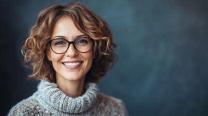 Fototapeta premium A woman with short gray hair smiles at the camera.