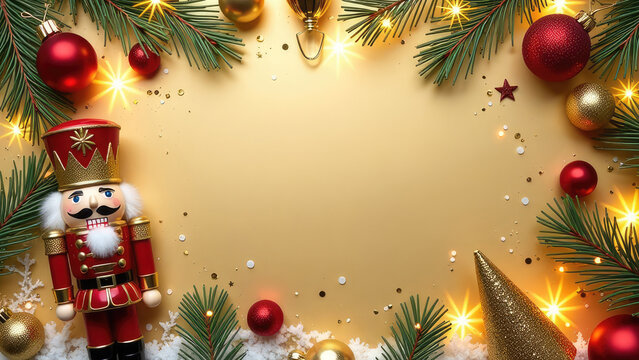 Christmas banner with space for text on gold background with toy Nutcracker and garlands. Frame of spruce branches, red and gold balls, confetti and atmospheric lights