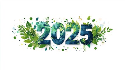 Striking banner for World Earth Day featuring the text 2025 in bold letters against a white background complemented by green elements like leaves and earth motifs to symbolize sustainability