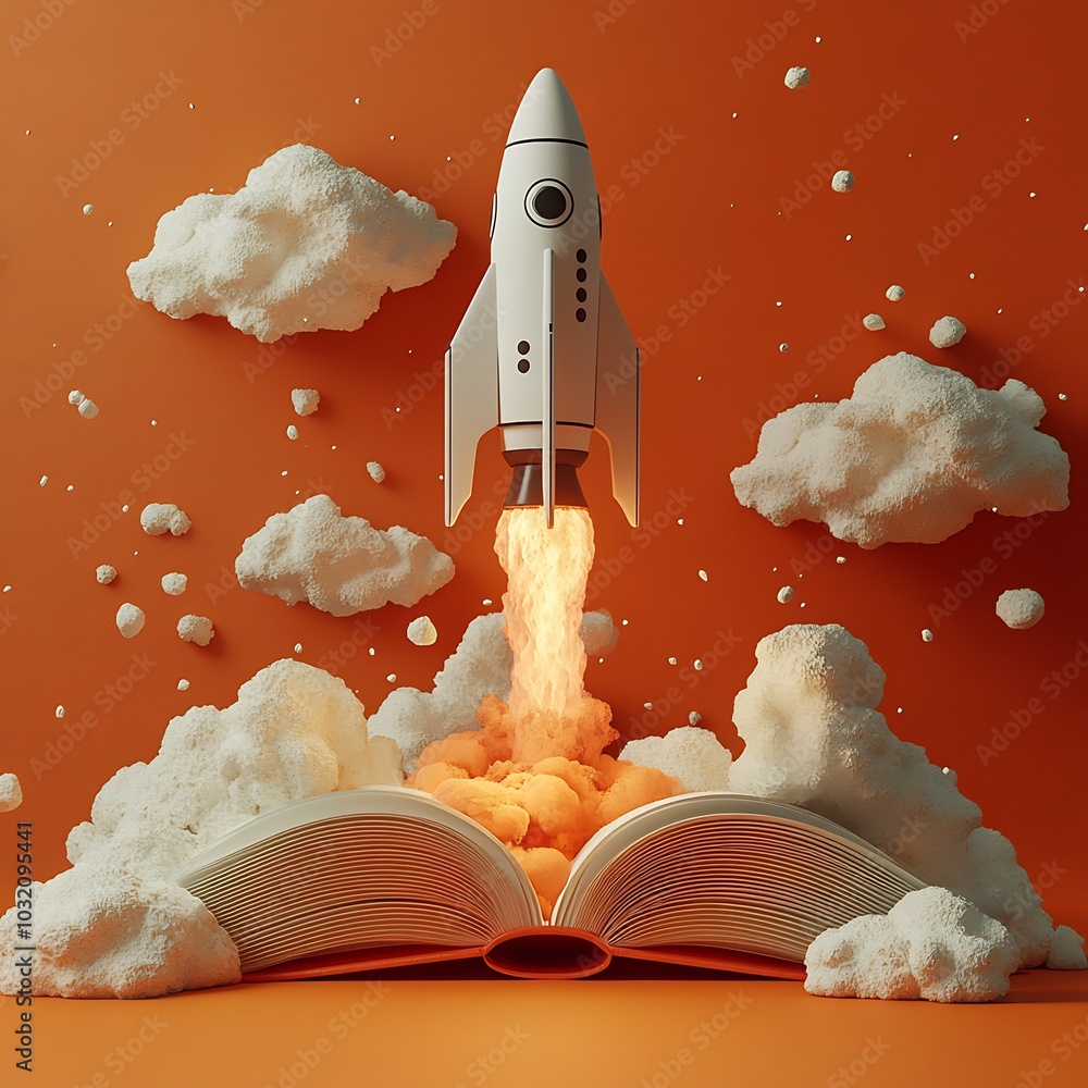 Poster striking 3d rendering of a rocket blasting off from an open book with a bold orange background repre