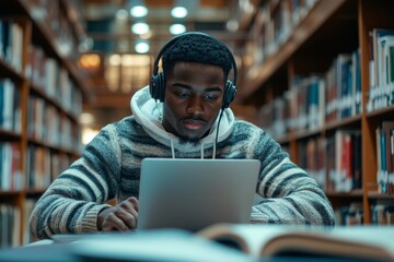 Focused black student guy in headphones taking notes and looking at laptop screen while sitting in university library, scene of concentration and technology-enhanced, Generative AI
