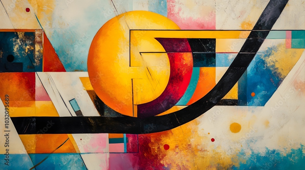 Poster a colorful abstract painting with many different shapes and colors. the painting is full of energy a