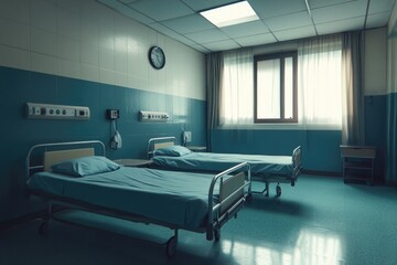 A hospital room with two beds and a clock on the wall