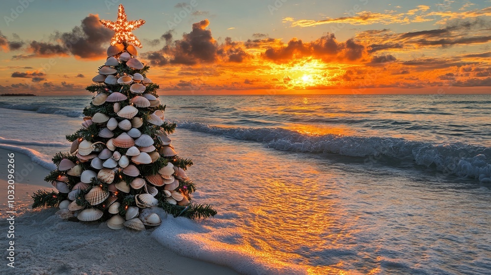 Poster Sunset Beach Scene With a Christmas Tree Made of Seashells Generative AI