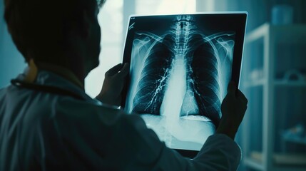 A doctor holds an X-ray image of a man's chest, providing medical information