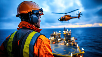 Fototapeta premium Offshore technician observes helicopter approaching oil rig during twilight. scene captures dedication and focus of workers in energy sector