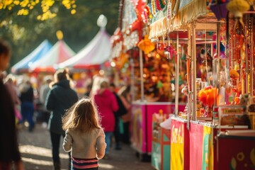 Obraz premium A vibrant market scene filled with colorful stalls attracts curious visitors. People wander and explore the lively atmosphere. Joy and excitement are everywhere. Generative AI