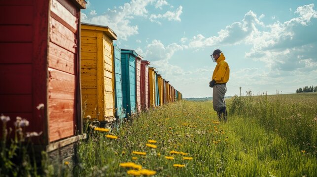 Sunny Apiary with a Beekeeper in Protective Gear Tending to Colorful Beehives