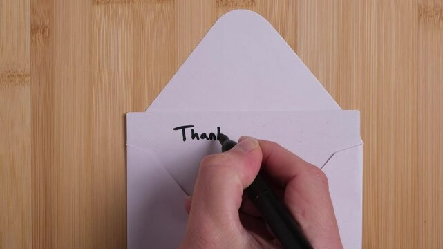 A person is writing on a white card which is inside a crisp white envelope. The person is writing Thank you, my LOVE. Concept romance, thanks, gratitude.