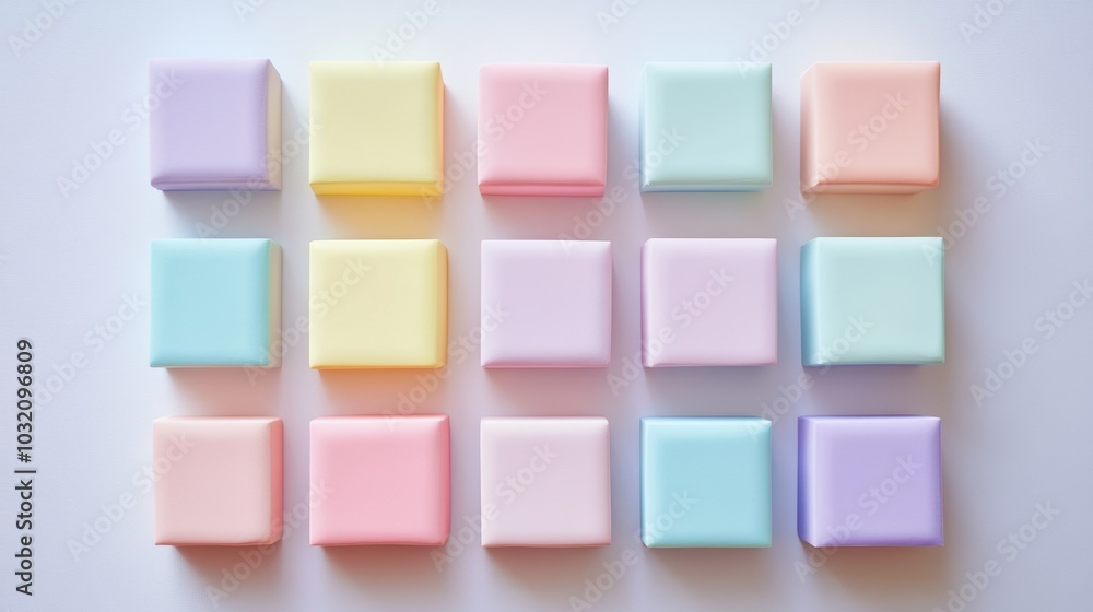 Poster pastel harmony, a soothing array of uniform squares in soft hues, creating a serene and cohesive vis