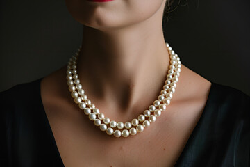 A woman wearing three white pearl necklaces on her chest, against a black background, with a close-up of the necklace and pearls, Generative AI