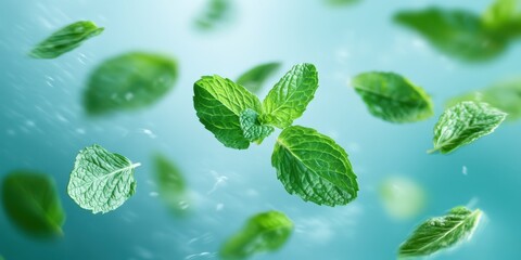 Fresh mint leaves floating in a serene blue atmosphere, conveying a sense of freshness and natural beauty.