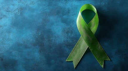 Striking visual of lime green ribbon against calming blue backdrop representing combined efforts of September's lymphoma awareness and October's mental health support highlighting healthcare concepts