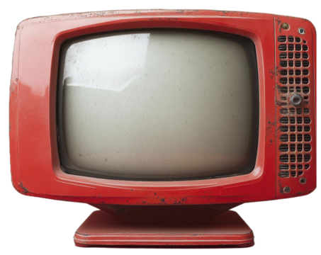 A vintage red television set with a blank screen