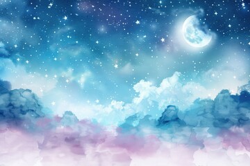 Naklejka premium A dark blue sky with white clouds and a half moon