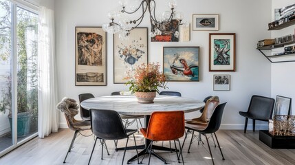 A stylish dining space featuring a round table with a mix of vintage and modern chairs