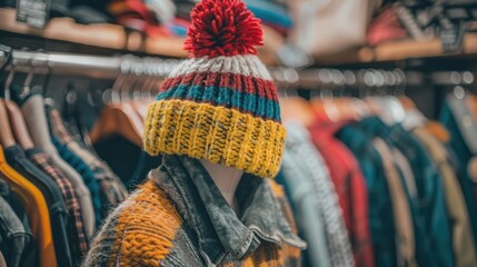 Colorful Knit Beanie Hat on a Mannequin with Denim Jacket and Yellow Sweater