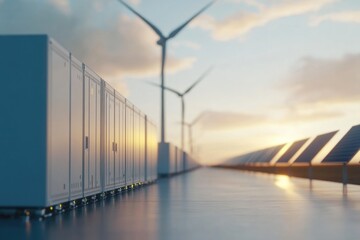 Obraz premium Renewable energy source image featuring solar panels and wind turbines