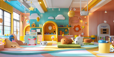 A playful children's bank, with interactive games, educational toys, and colorful decor, making banking fun and engaging for young minds.