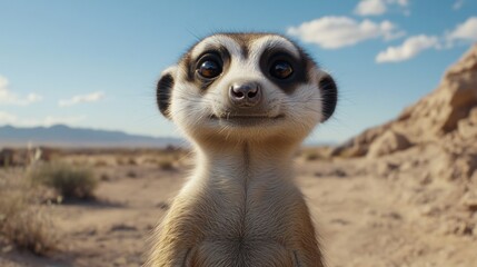 A cute meerkat looks directly at the camera with a desert landscape in the background.