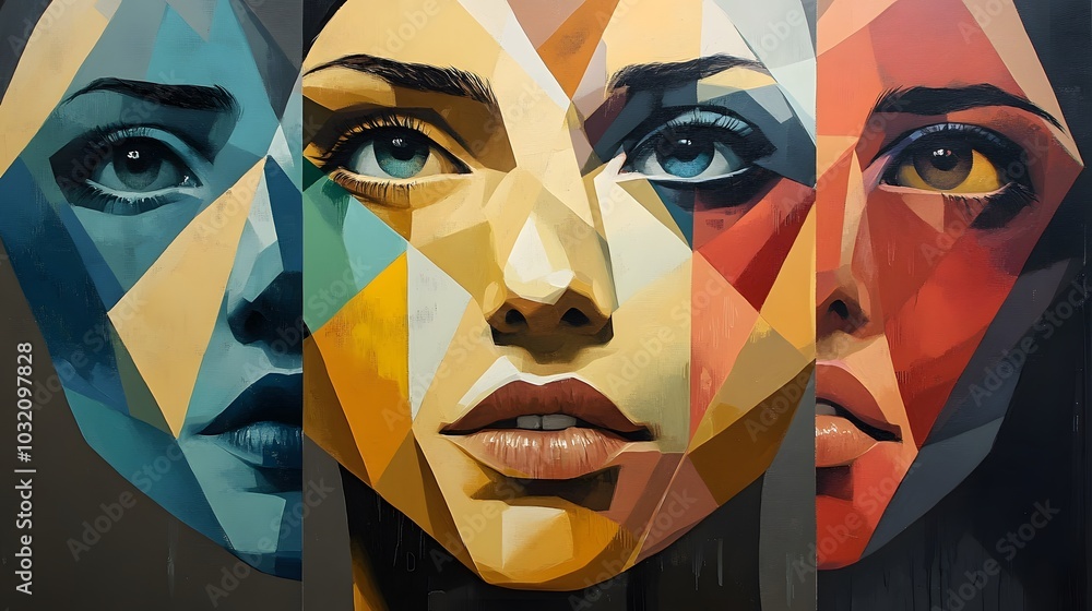 Poster a colorful abstract painting with many different shapes and colors. the painting is full of energy a