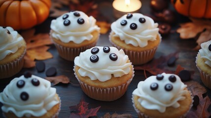 Homemade ghost cupcakes topped with white icing, their eyes made of chocolate chips, arranged on a wooden table. 