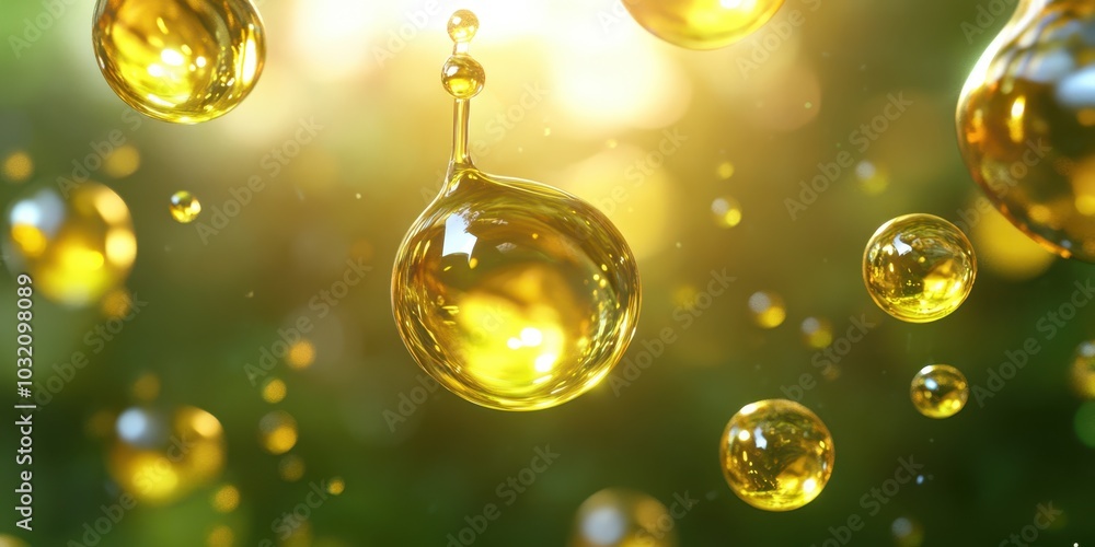 Poster glowing yellow droplets suspended in air, creating a captivating visual effect with nature's backdro