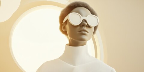 Futuristic mannequin wearing sunglasses, showcasing modern design against a soft, light background.
