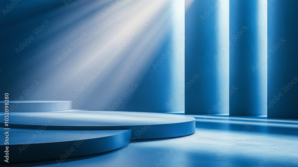 Poster The image shows a blue room with three large blue cylindrical pillars. The pillars are illuminated by sunlight streaming in from the left and right.