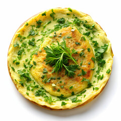A freshly cooked omelet garnished with herbs, isolated on a white background,