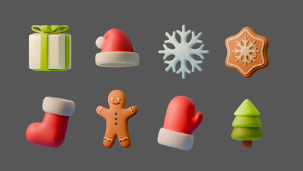 3D vector Christmas icons set – gift, Santa hat, snowflake, cookie, mitten, stocking, tree