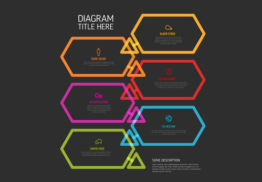 Six steps process with hexagon content rectangles and triangle arrows on dark background