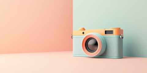 Fototapeta premium Modern vintage camera with pastel colors on a minimalistic background, perfect for photography enthusiasts and creative projects.