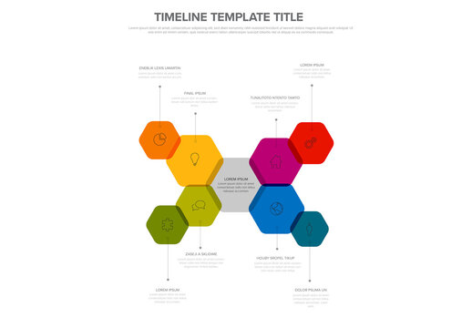 Eight hexagon elements in rainbow infographic template around center item