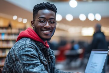 African american student guy using laptop computer and smiling, standing in library interior, vibrant scene capturing the positive intersection of technology and, Generative AI
