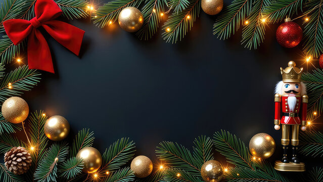 Christmas banner with space for text on red background with toy Nutcracker and garlands. Frame of fir branches, gold balls and red bows, confetti and atmospheric lights