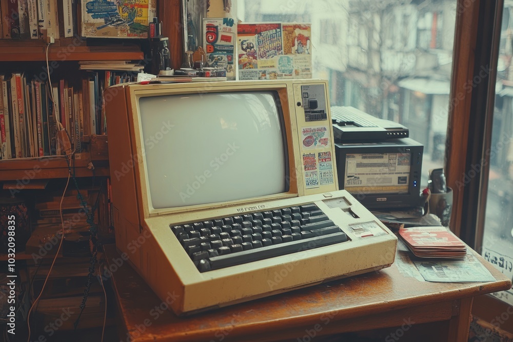 Poster an old-fashioned computer sits on a desk with a printer beside it. the computer has a crt monitor an
