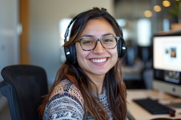 Portrait of a smiling young hispanic female IT support worker in startup company office