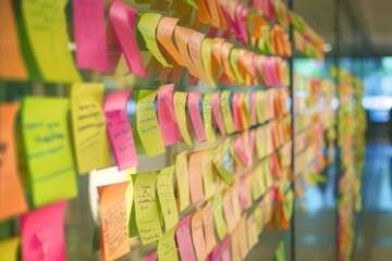 Fototapeta premium Post it notes on the wall with IT meeting in background