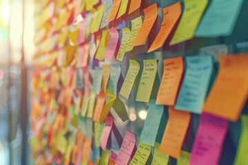 Post it notes on the wall with IT meeting in background