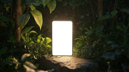 Smartphone glowing amidst lush green forest setting