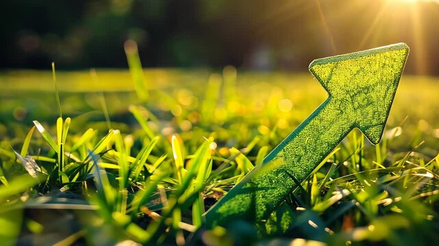 Green arrow on grass with sunlight reflecting, growth and success concept.